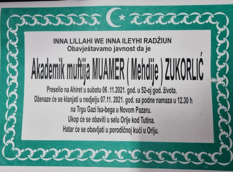 Dženaza Muameru Zukorliću u nedjelju