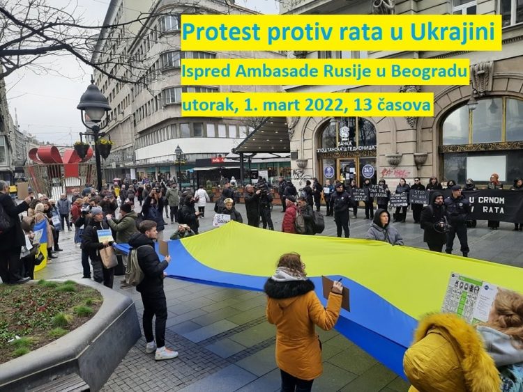 Protest protiv rata u Ukrajini ispred Ambasade Rusije u Beogradu