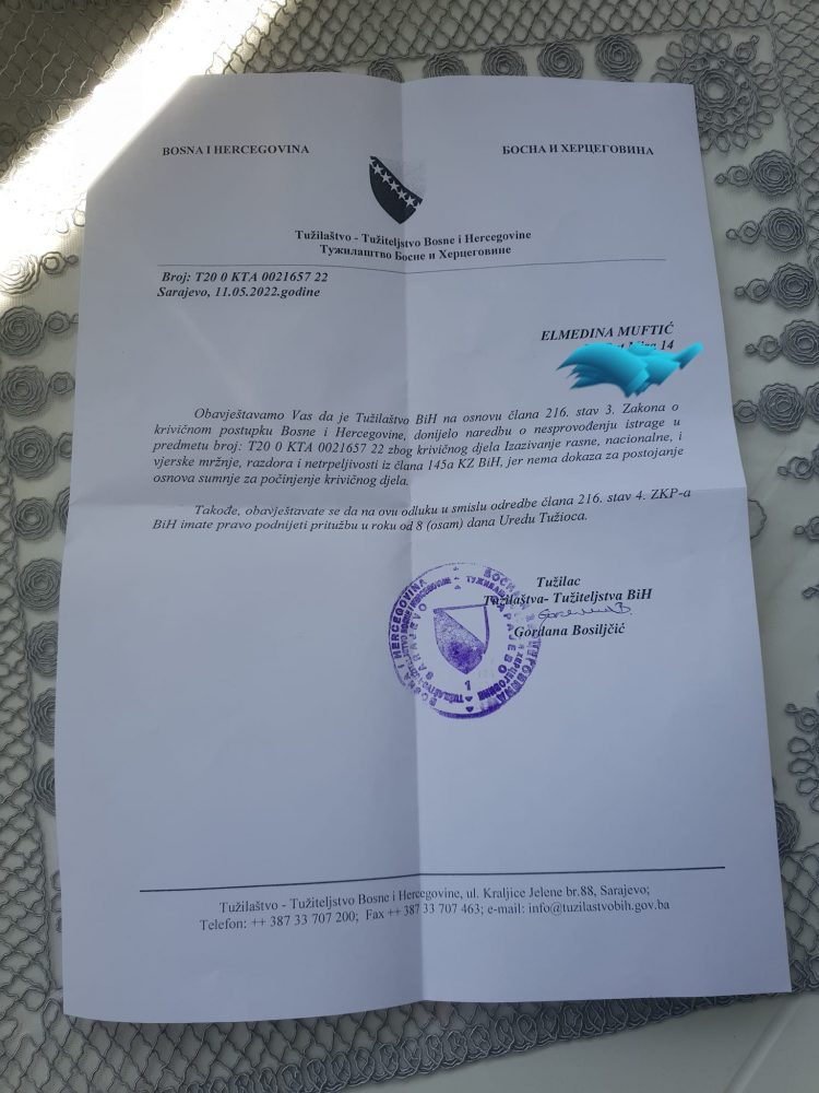 Tužilaštvo BiH nije našlo elemente govora mržnje u slučaju Elmedine Muftić