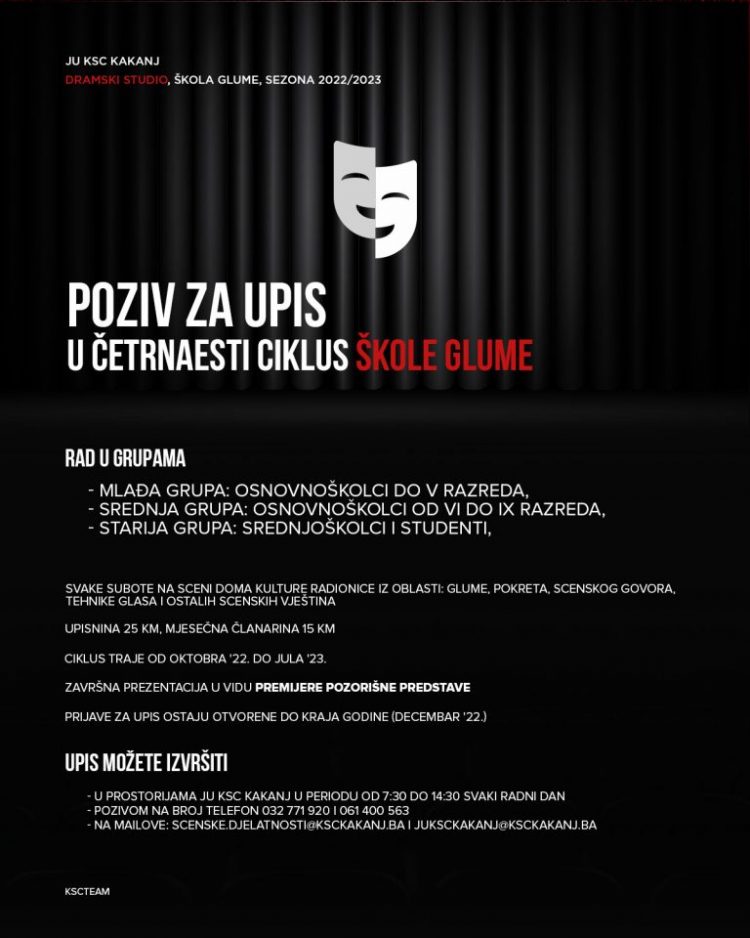 Poziv za upis u četrnaesti ciklus Škole glume u Kaknju