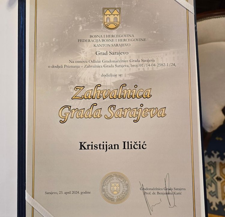 Svjetski putnik i bloger Kristijan Ilinčić primio Zahvalnicu Grada Sarajeva